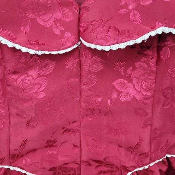 Vtg 80s Handmade Red Floral Jacquard Dress Sz M Fit & Flare Victorian Revival - Picture 4 of 9